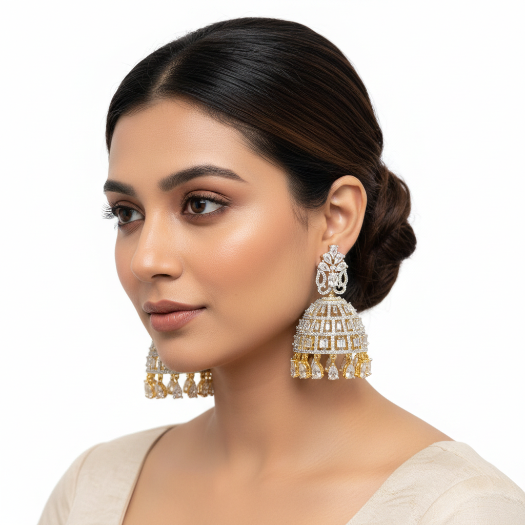 American Diamond Baguette Jhumka Earrings with Sterling Shine Stones