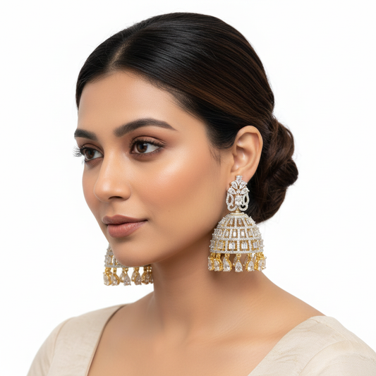 American Diamond Baguette Jhumka Earrings with Sterling Shine Stones