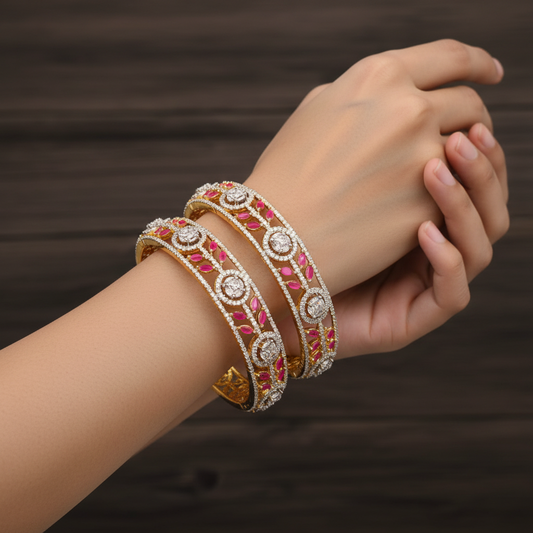 American Diamond Bangles - 24K Gold Plated Openable Bangles Set