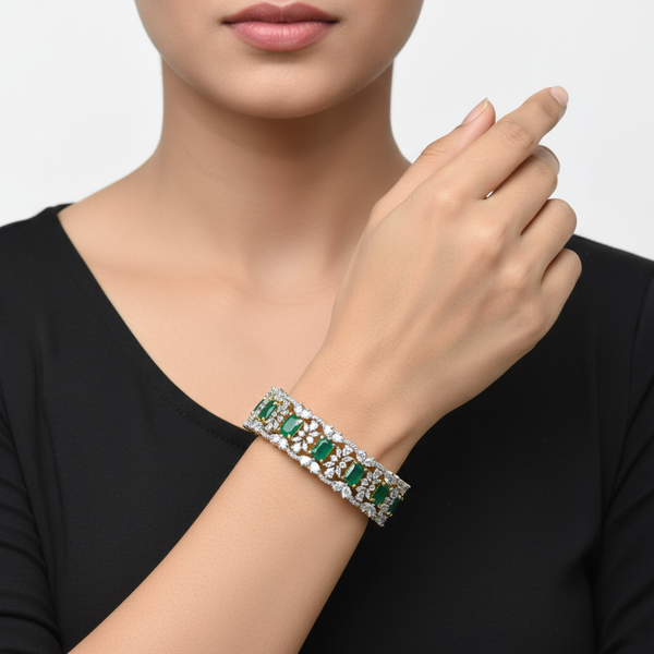American Diamond Emerald Bangles - 24K Gold Plated Openable Bangles Set