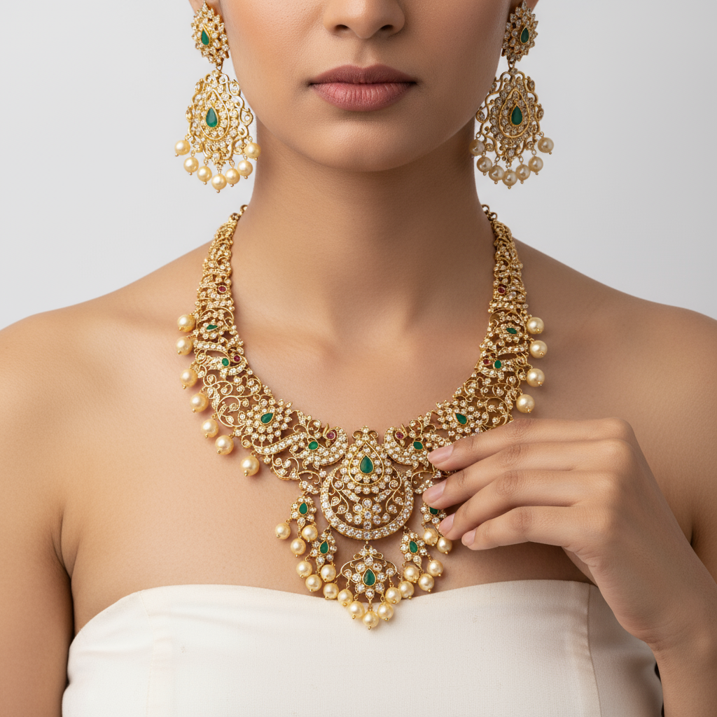 American Diamond Haram - 24K Gold Closed Setting Wedding Necklace with Pearls