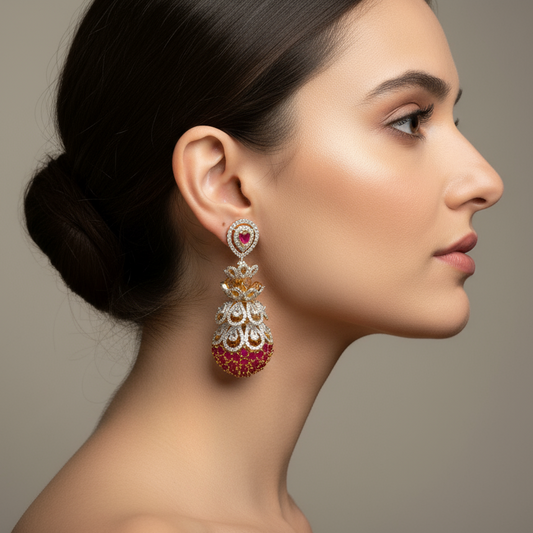 American Diamond Jhumki Earrings - 24K Gold Plated Traditional Indian Jewelry