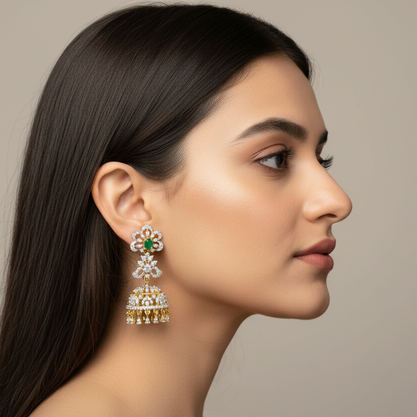 American Diamond Jhumki Earrings - 24K Gold Plated Traditional Jewelry
