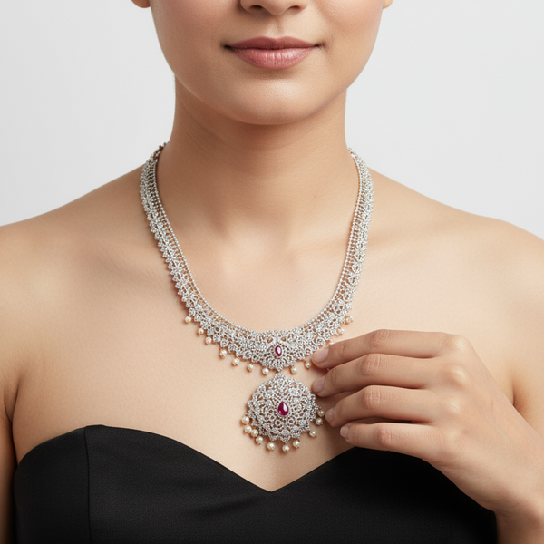 American Diamond Long Haram - Elegant Bridal Statement Necklace Set