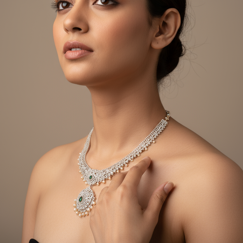 American Diamond Long Haram - Luxurious Bridal Wedding Necklace