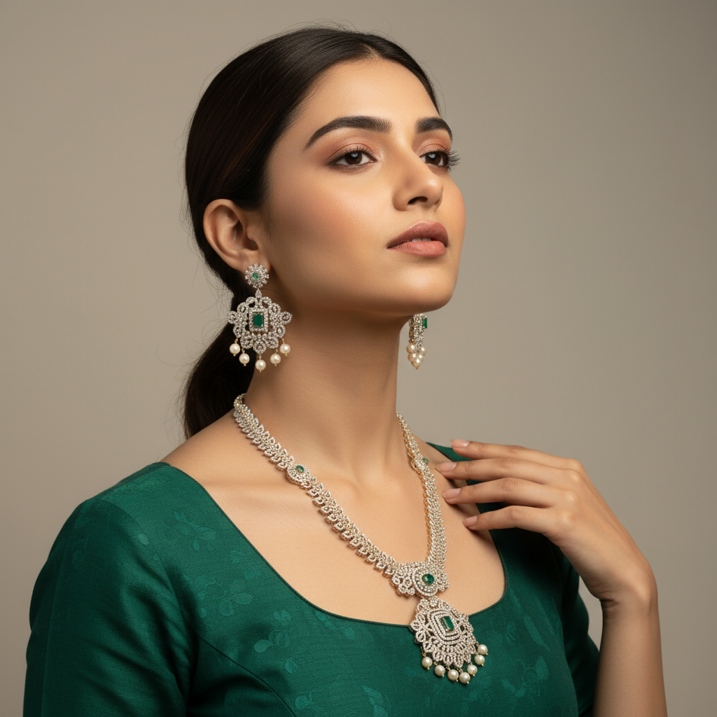 American Diamond Long Haram - Sparkling Bridal Necklace With Emeralds & Pearls