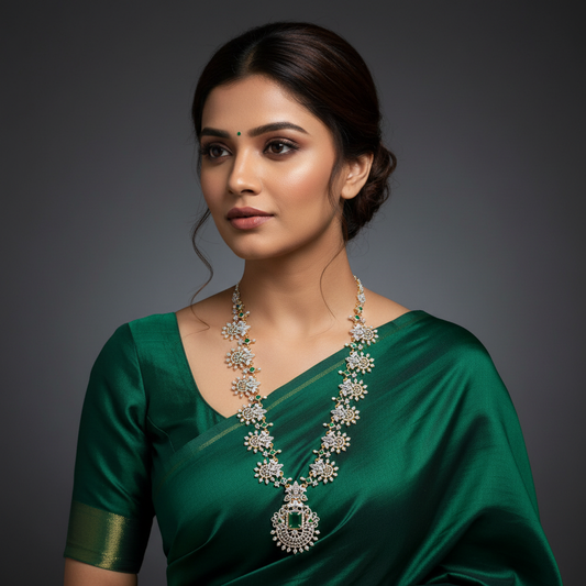American Diamond Long Haram Necklace | Emerald Green CZ Stones | Bridal Jewellery Set