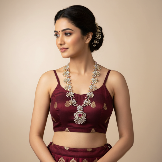 American Diamond Long Haram Necklace | Ruby Red CZ Stones | Bridal Jewellery