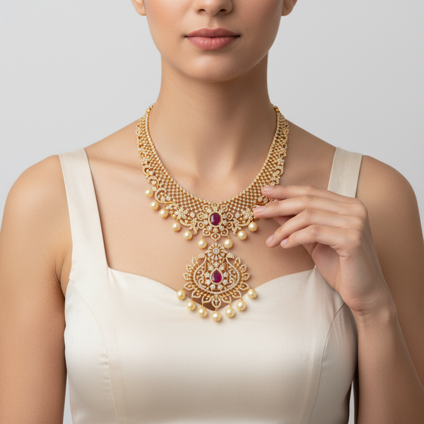 American Diamond Middle Haram - 24K Gold Finish Wedding Necklace Set