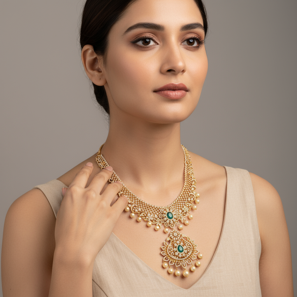 American Diamond Middle Haram - Elegant Bridal Necklace Set