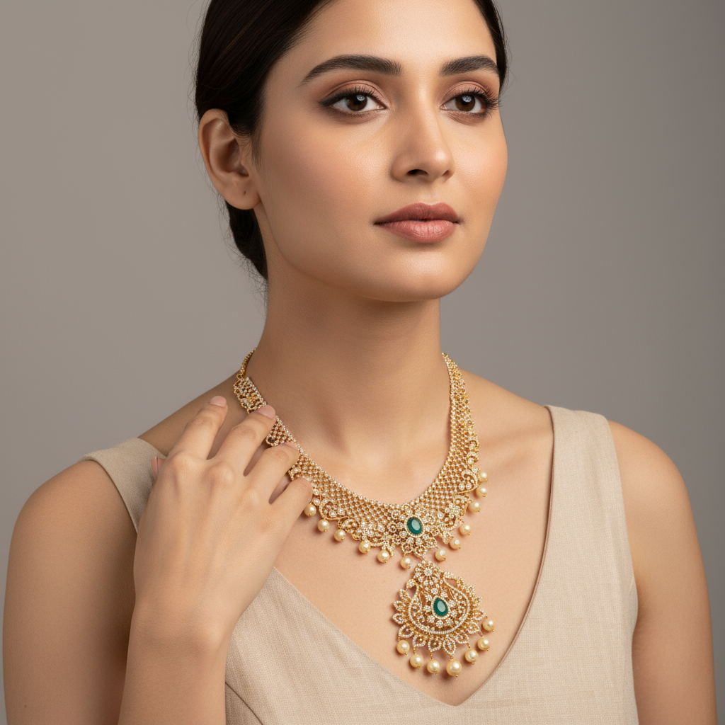 American Diamond Middle Haram - Elegant Bridal Necklace Set