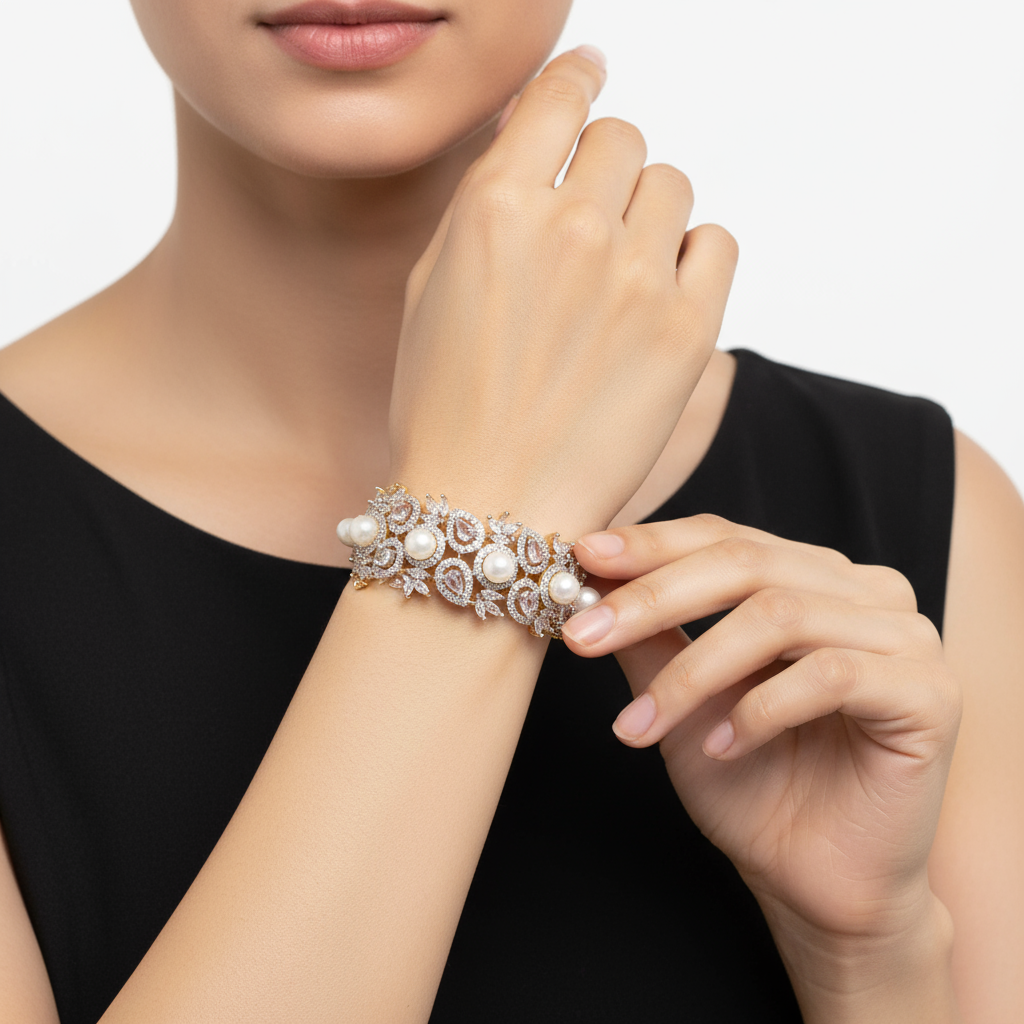 American Diamond Pearl Bangles - 24K Gold Plated AD Bangles Set