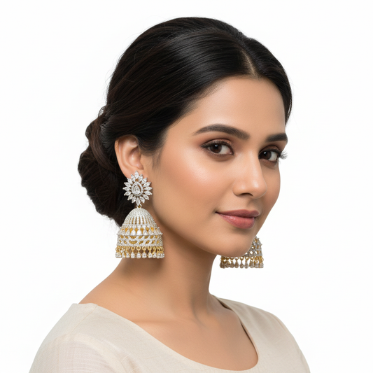 American Diamond Sunburst Jhumka Earrings with Sterling Shine Stones