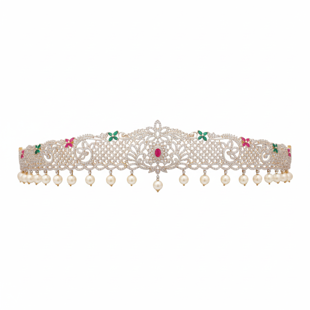 American Diamond Vaddanam - Colored Stone Pearl 24K Gold Belt
