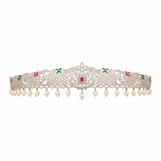 American Diamond Vaddanam - Colored Stone Pearl 24K Gold Belt