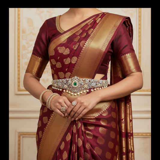 American Diamond Vaddanam - Dancing Peacock Emerald Pearl 24K Gold