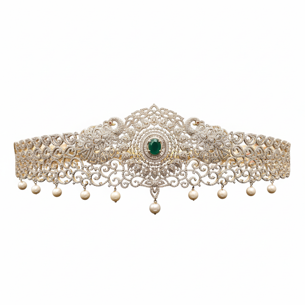 American Diamond Vaddanam - Floral Elephant Pearl 24K Gold Belt