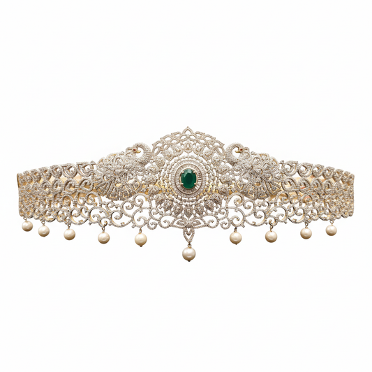 American Diamond Vaddanam - Floral Elephant Pearl 24K Gold Belt