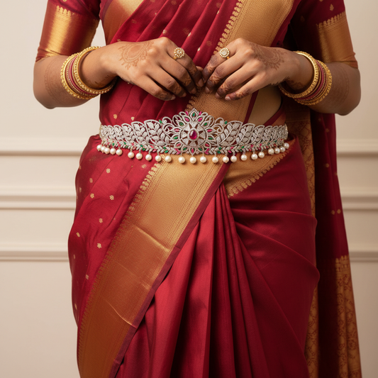 American Diamond Vaddanam - Pearl 24K Gold Plated Bridal Belt