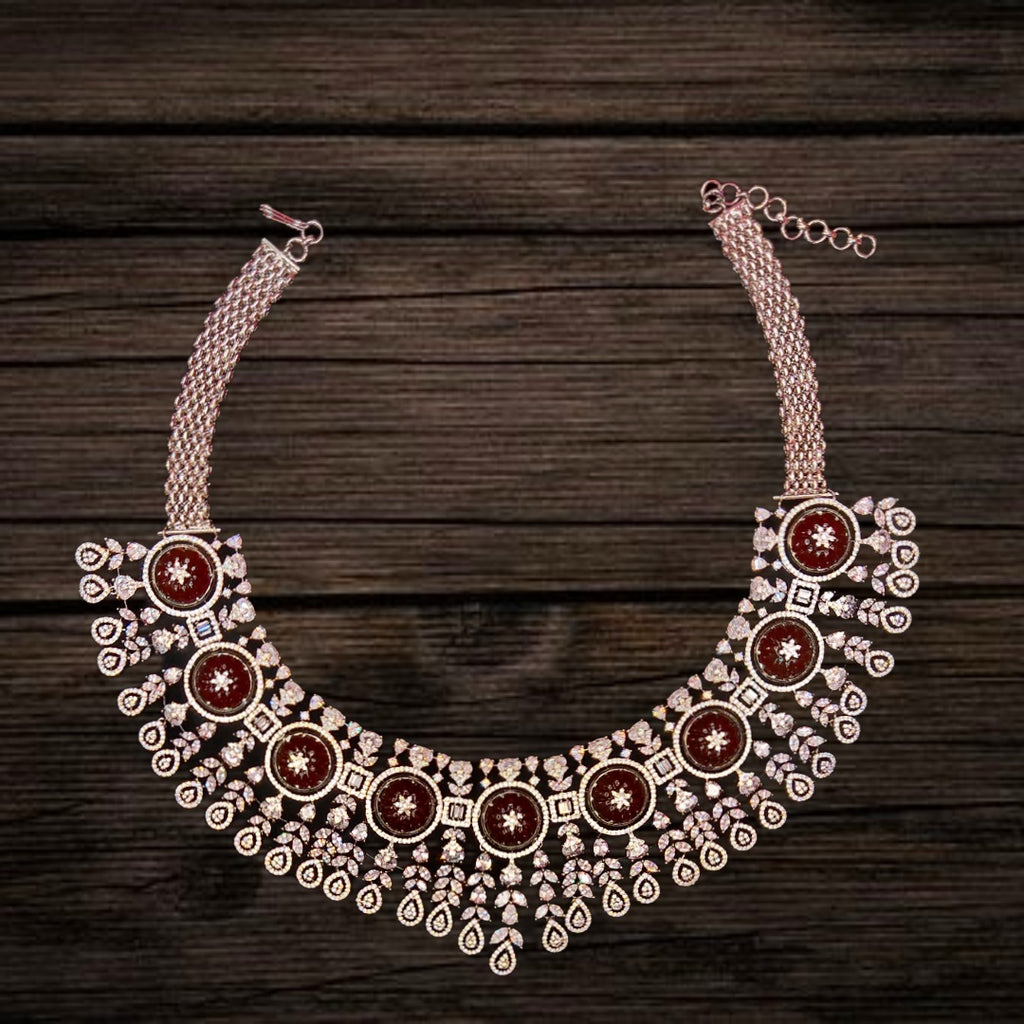 American Diamond With Carved Ruby Flower Stone Necklace Set 