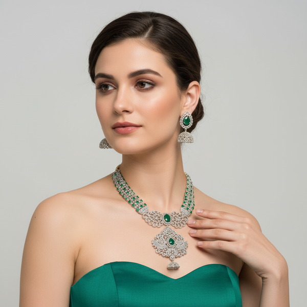 American Diamonds Long Necklace Set - 24 Inches With Back Chain