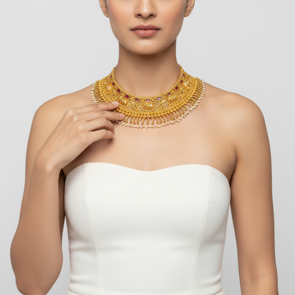 Antique Elephant Kemp Pearl Choker Set - Traditional Bridal Jewellery