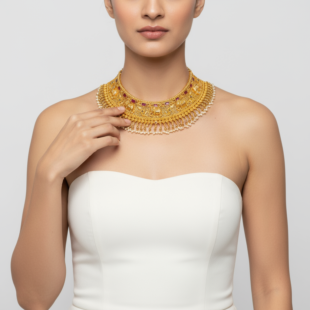 Antique Elephant Kemp Pearl Choker Set - Traditional Bridal Jewellery