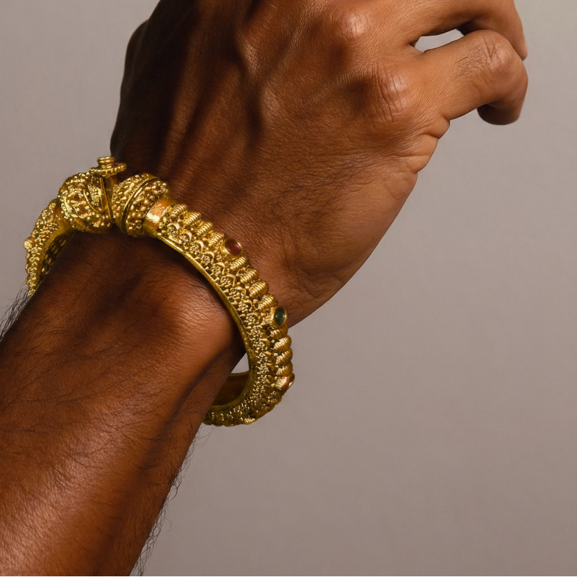 Antique Finish 24K Gold Plated Openable Kada for Men (Size 2-8)