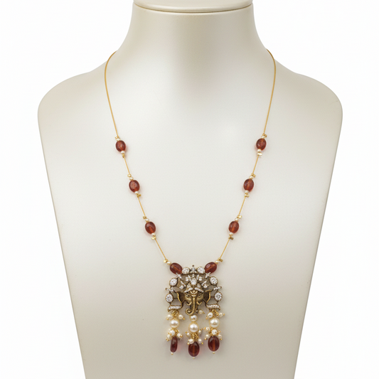 Antique Gold Ganesha Temple Necklace with Ruby Red Beads & Pearl Drops