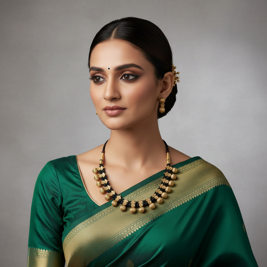 Antique Gold Jhumka Necklace Set with Black Dori & Earrings