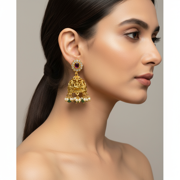 Antique Kemp Laxmi Jhumka Earrings with Pearl Hangings
