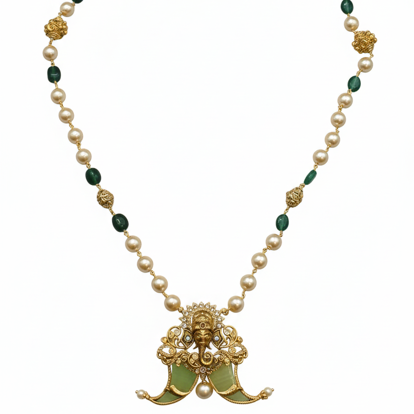 Antique Lord Ganesh Puligoru Locket with Pearls Chain