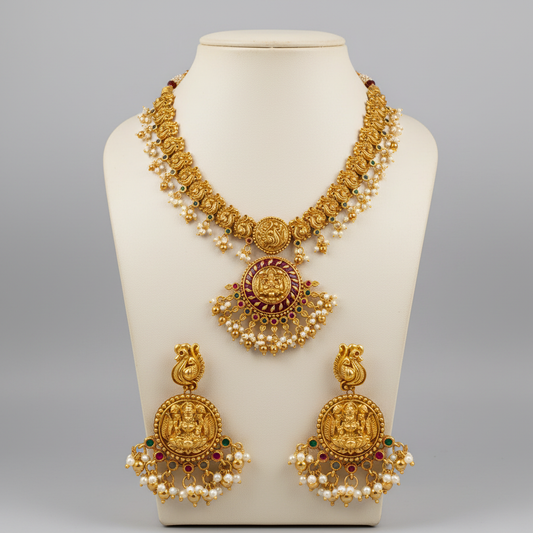 Antique Nagas Lakshmi Necklace Set with Peacock Chandbali Earrings