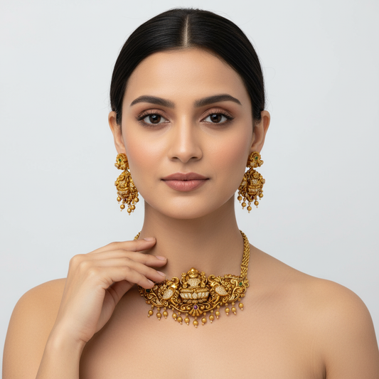 Antique Nakshi Lakshmi Peacock Ruby Choker Set - 24K Gold Heritage Jewellery