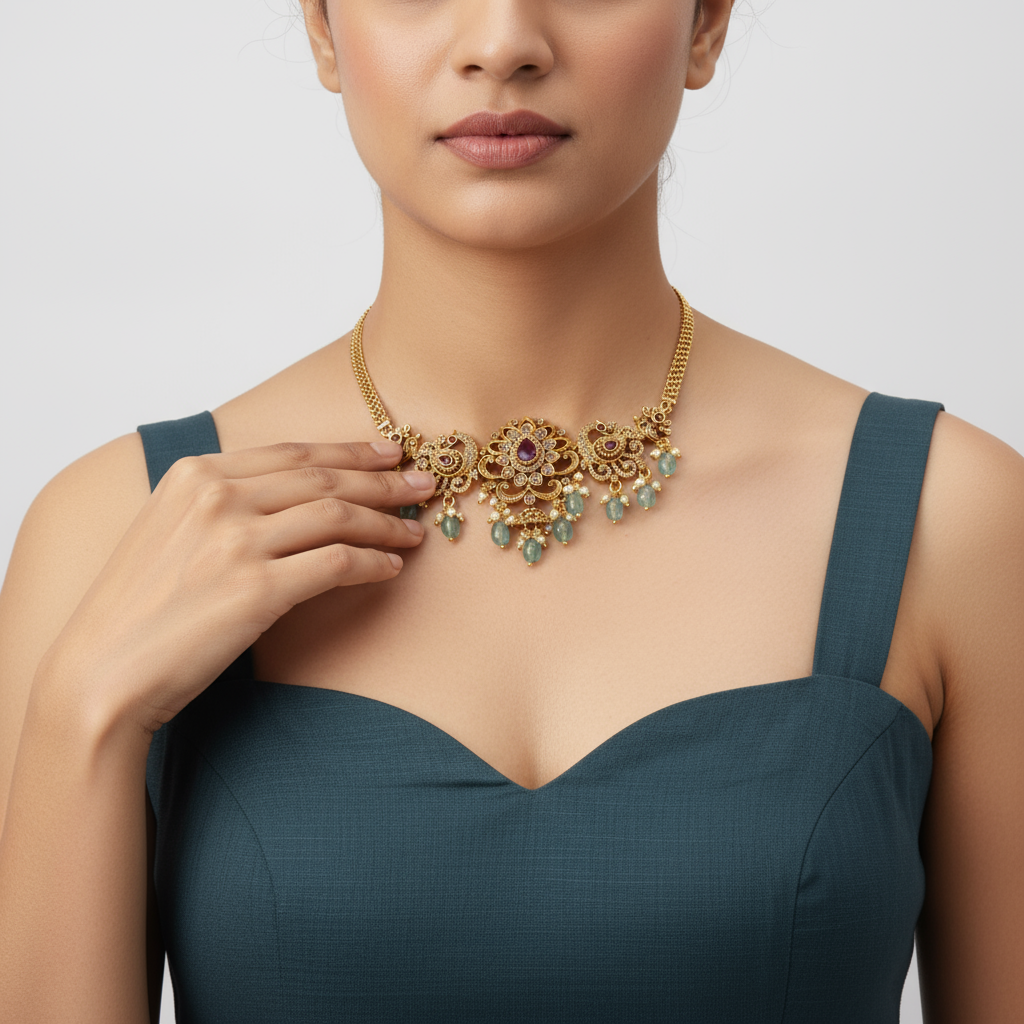 Antique Peacock Zircon Choker Armlet - Versatile 2-in-1 Traditional Jewellery