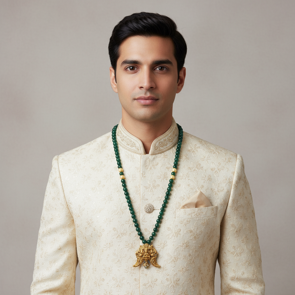 Antique Puligoru Locket with Emerald Beaded Necklace for Groom