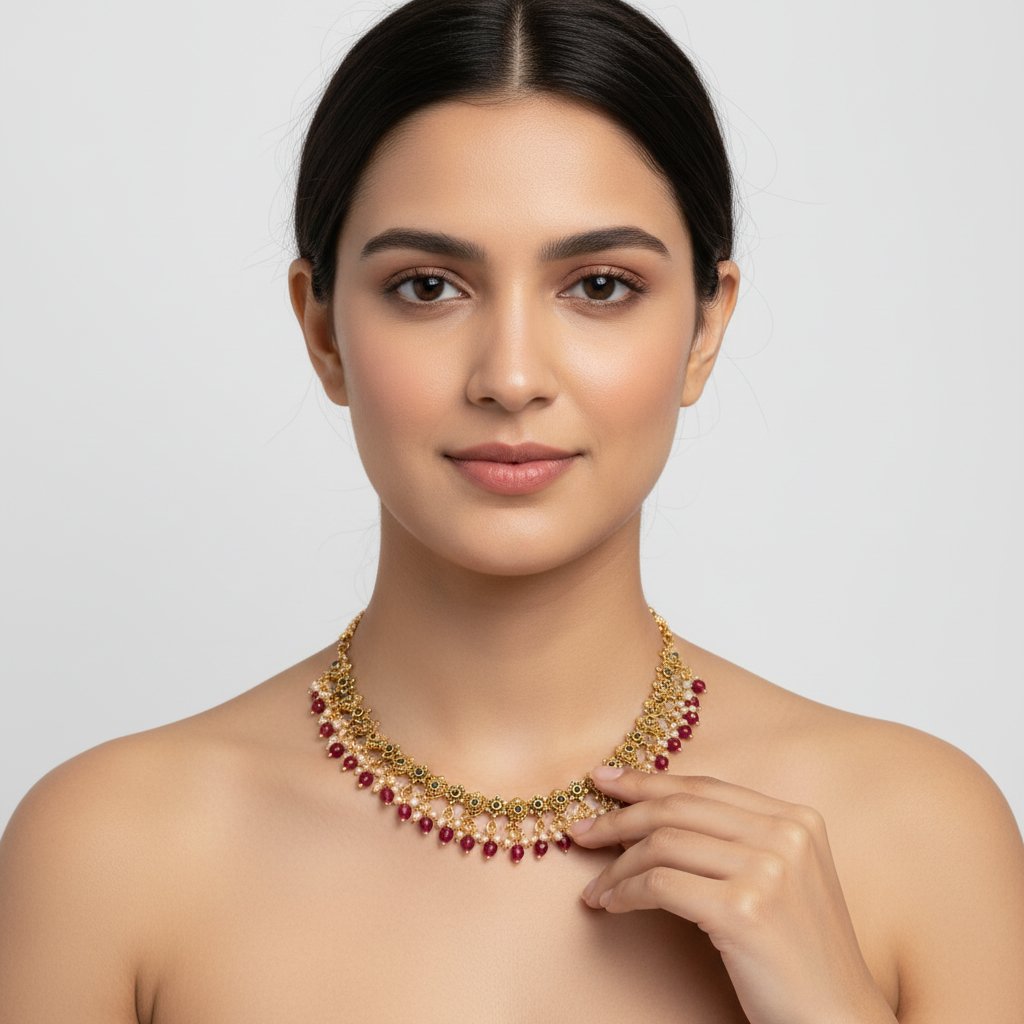 Antique Simple Necklace Set - Pink Beads with Pearl Hangings