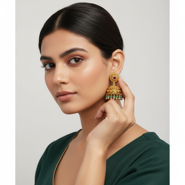 Antique Zircon Jhumka Earrings with Green Beads