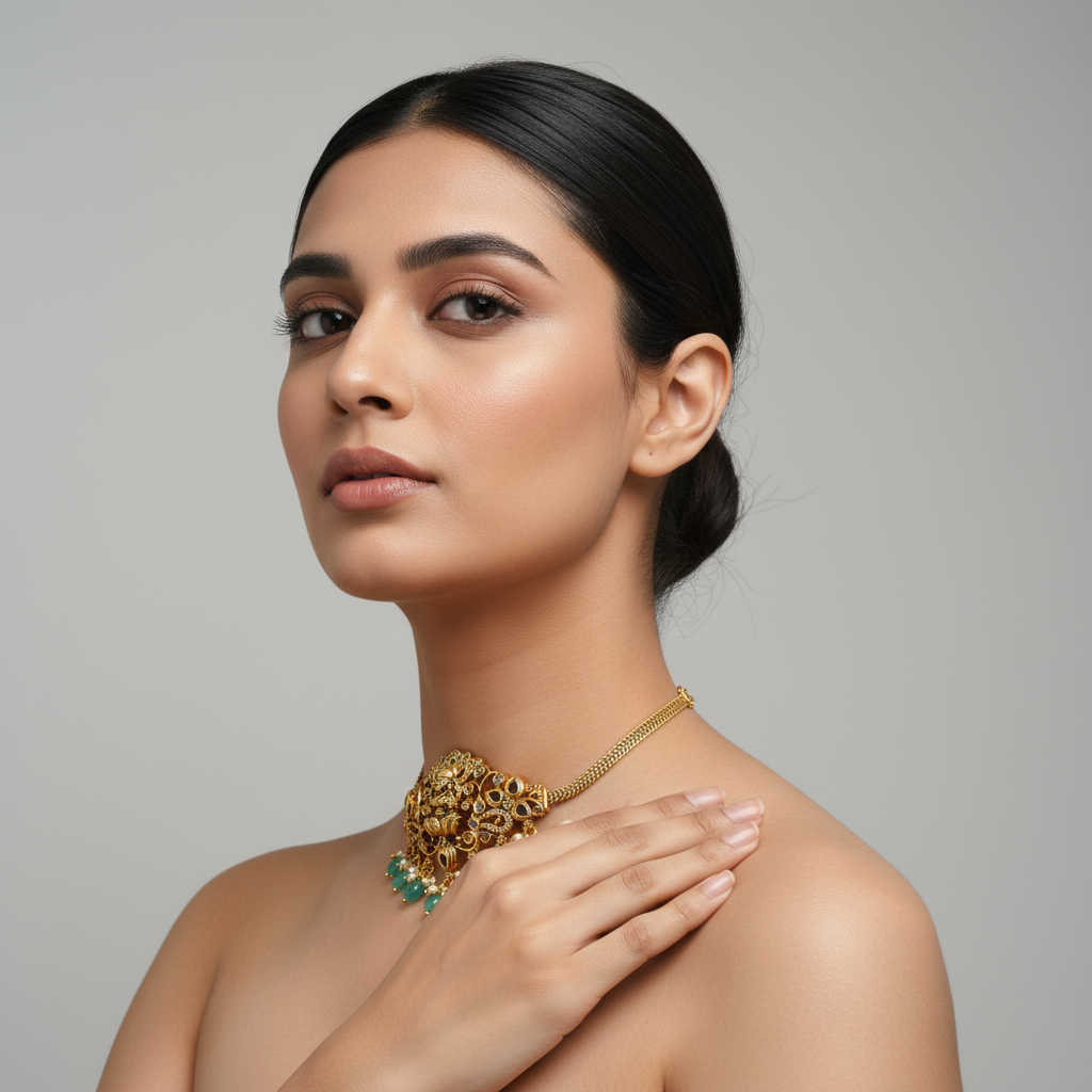 Antique Zircon Lakshmi Choker Armlet - Silver Plated Traditional Jewelry for Women