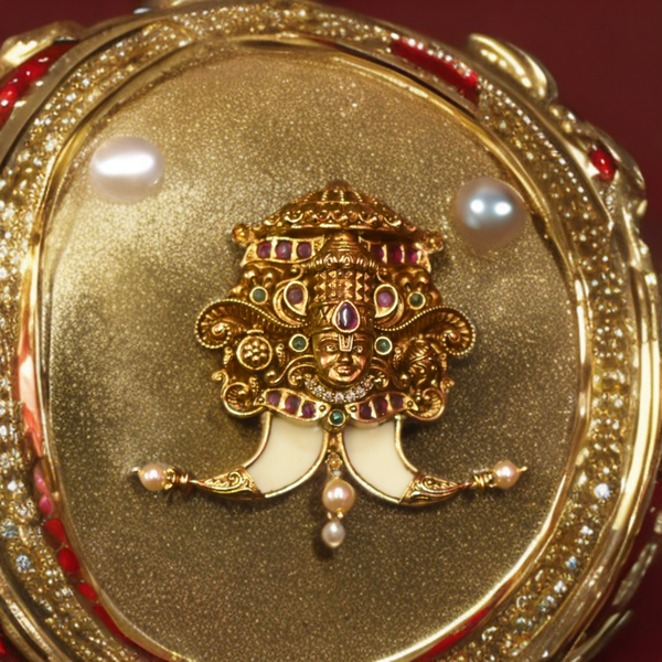 Decorative gold brooch with intricate design on a red background