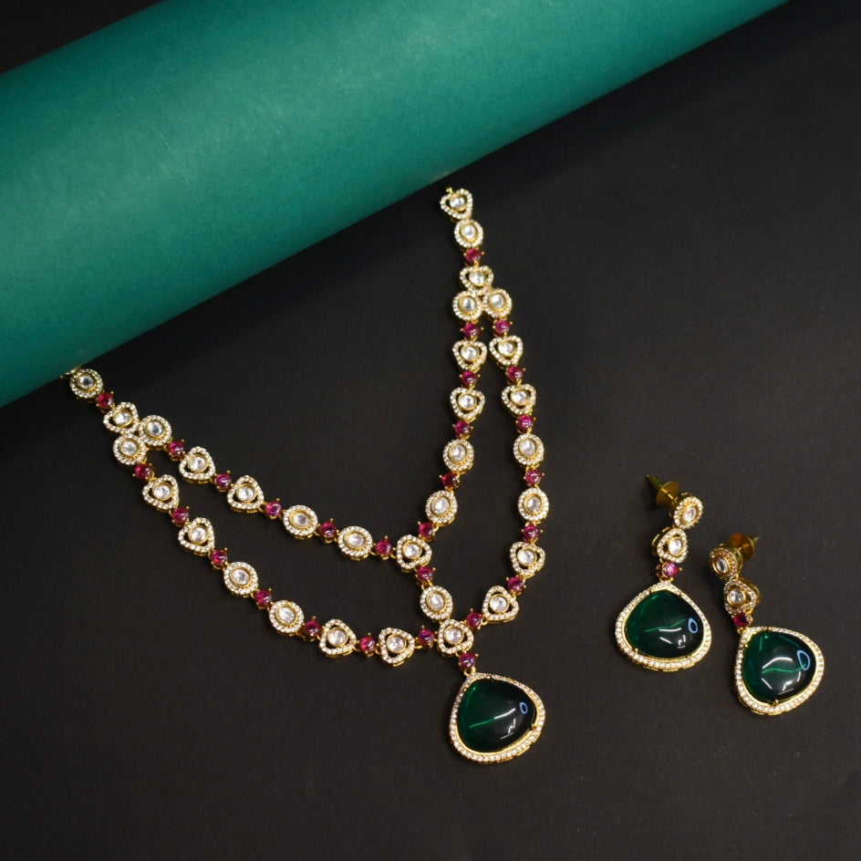 Asp Gold Plated Polki CZ Double Layer Necklace Set