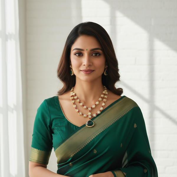 Asp Gold Plated Polki CZ Double Layer Necklace Set