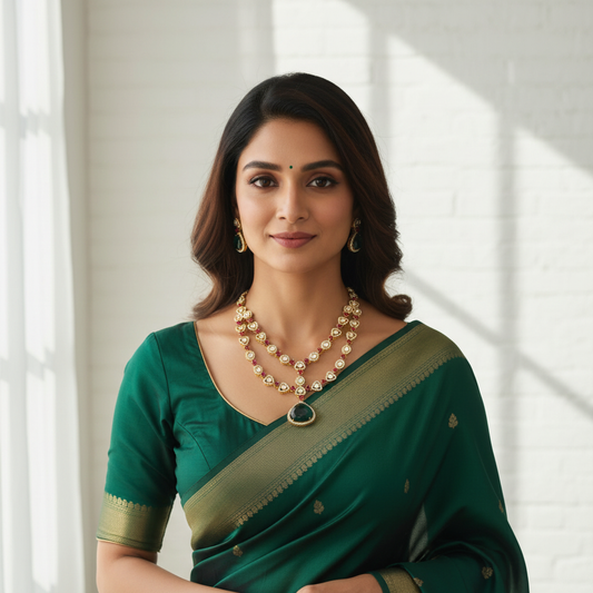Asp Gold Plated Polki CZ Double Layer Necklace Set