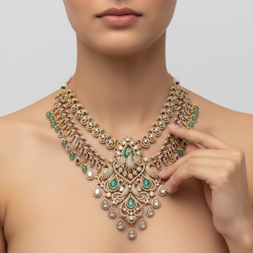 Asp Victorian Green Kundan Double-Layered Necklace