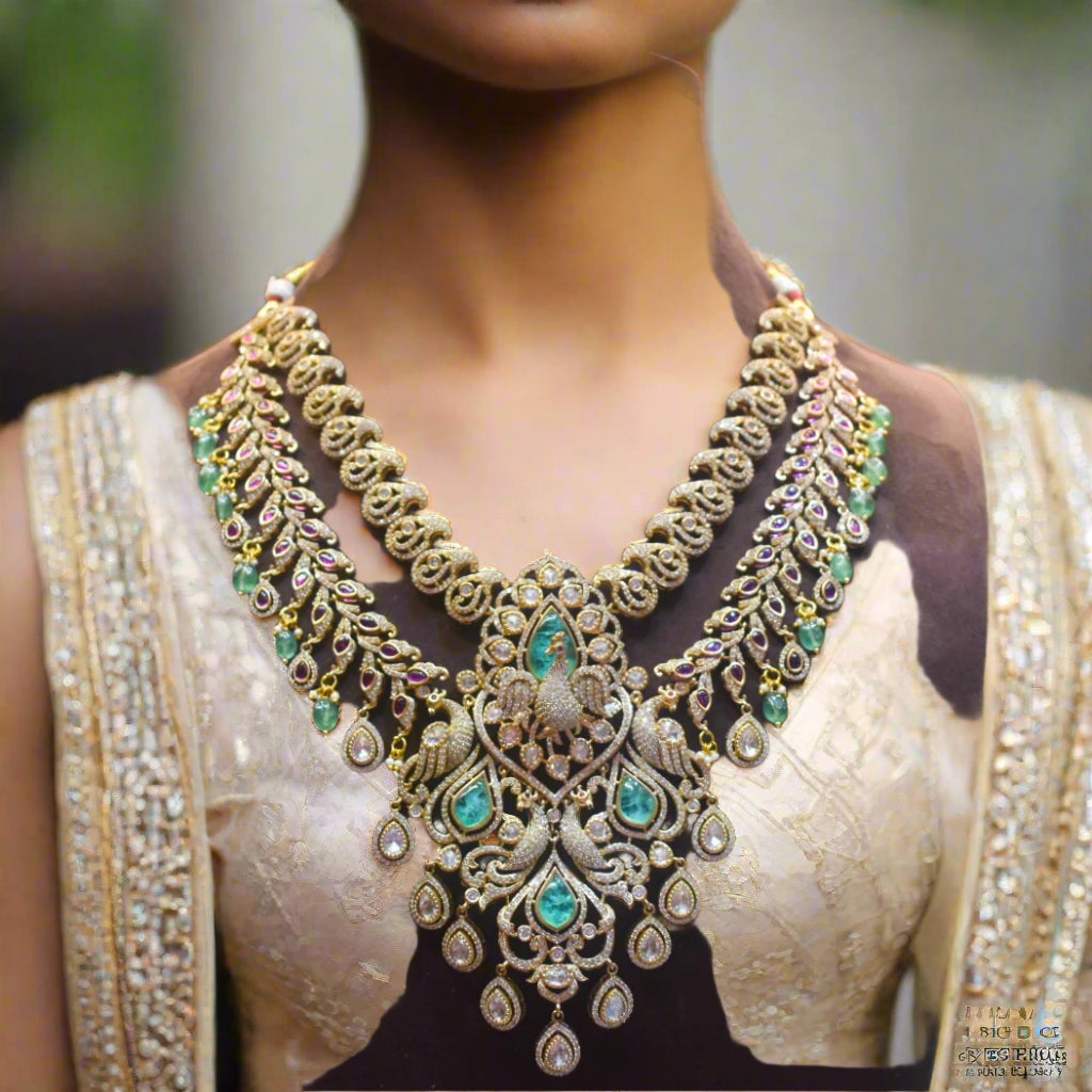 Ornate necklace on a mannequin with a blurred jewelry store background