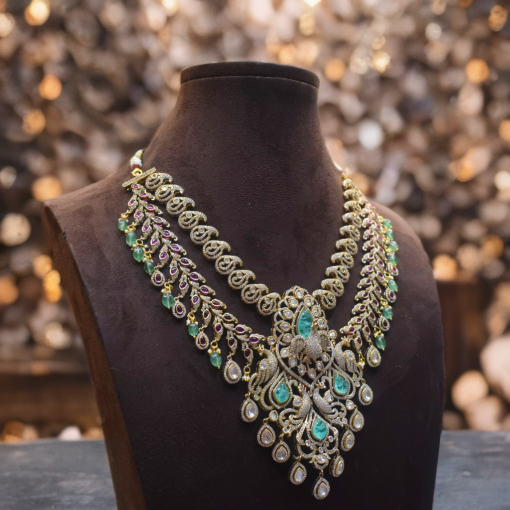 Ornate necklace with gemstones on a mannequin against a blurred background