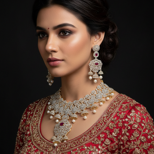 Asp Zircon Choker Necklace Set - Gold Rhodium Plated Premium Quality
