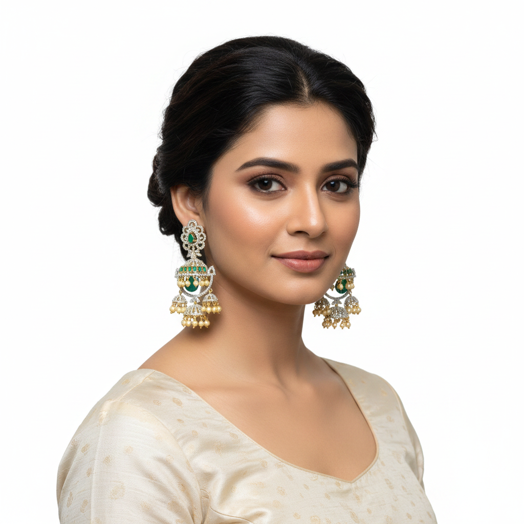Bahubali Double Jhumka Earrings with Emerald and Pearl Drops