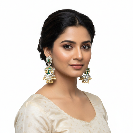 Bahubali Double Jhumka Earrings with Emerald and Pearl Drops