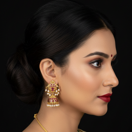 Beautiful Handmade Kempu Jhumka - Traditional Red Stone Temple Earrings